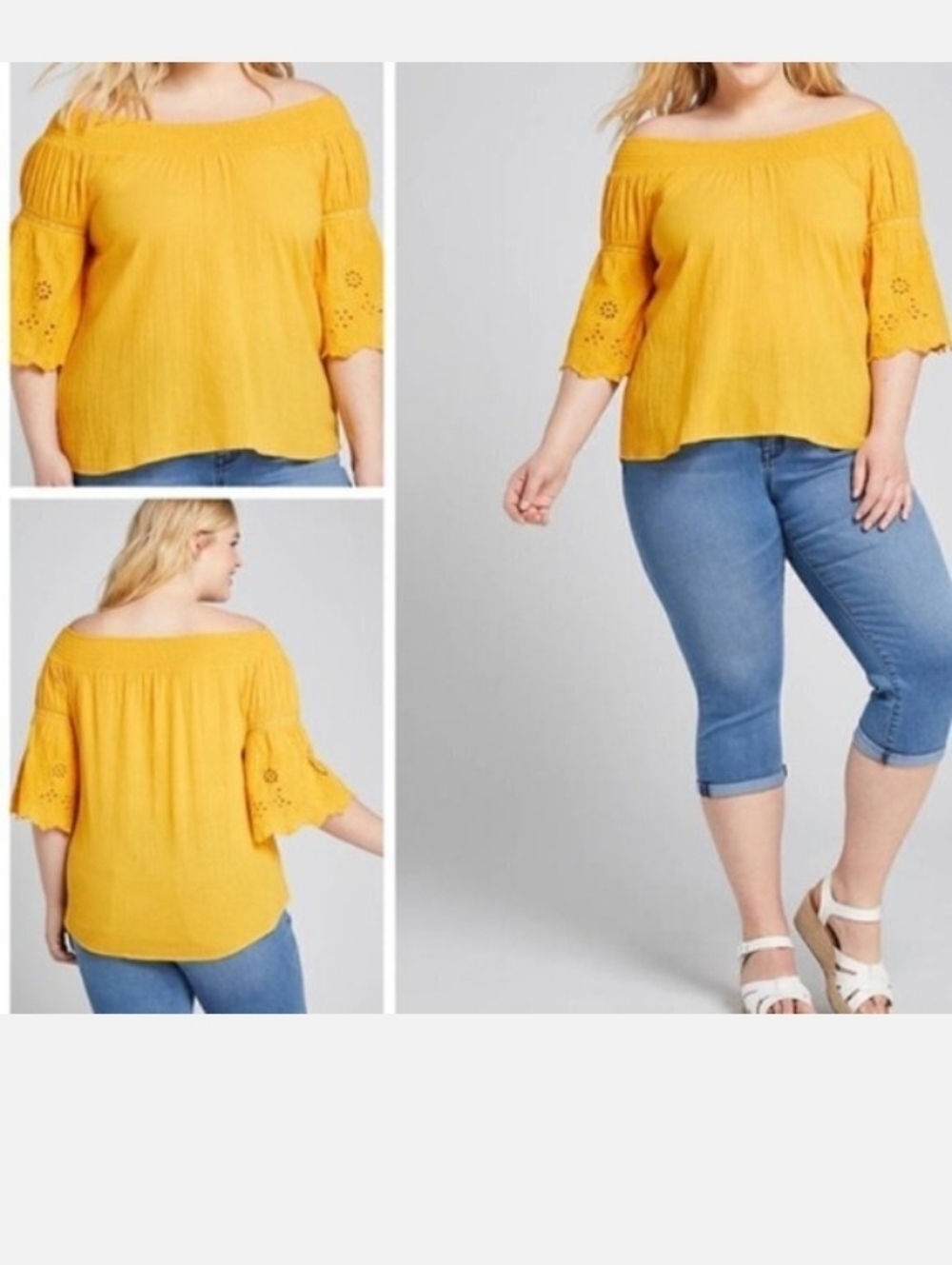 NEW Lane Bryant Embroidered Eyelet Blouse Off the Shoulder Yellow Size 14/16